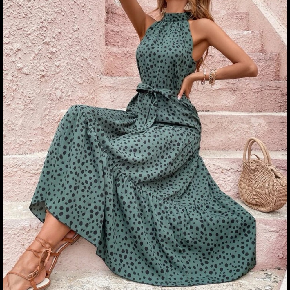 Boho Polka Dots Print Flounce Halter Belted Maxi Dress - Picture 1 of 12